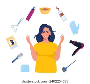 Young beautiful woman and professional hairdressing and hair coloring tools. Tools and cosmetic products for hair care. Elements for beauty salon. Vector illustration