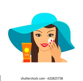 Young beautiful woman puts on face sunscreen. The concept of beauty and health. Flat vector illustration isolated on white background