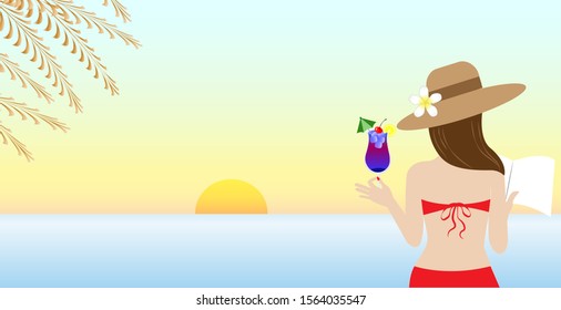 Young beautiful woman in red bikini holding book and cocktail drink in blue sky and sea background. Flat design with copy space.Vector Illustration.Idea for travelling, summer and holiday vacation.