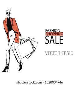 Young beautiful woman in red coat with shopping bags. Sale concept. Hand-drawn fashion illustration