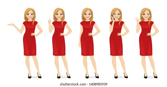 Young beautiful woman in red dress set with different gestures isolated vector illustration