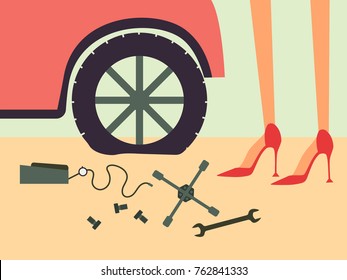 Young Beautiful Woman In Red Shoes Trying To Change The Flat Tire. Crop Image. Vector Illustration.