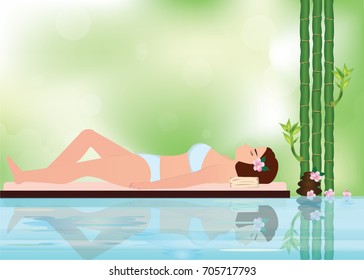 Young beautiful woman relaxing in spa environment with bamboo and stone with water surface, vector illustration.