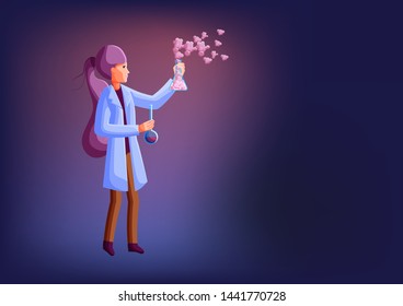 Young beautiful woman researcher or student holds two beakers and performs scientific experiment with copy space isolated on dark blue to purple background. Modern design flat vector illustration.