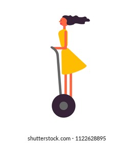 Young beautiful woman riding hoverboard with handle. Modern eco transporter. Cartoon character. Vector illustration.