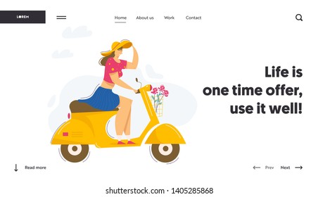 Young Beautiful Woman Riding Scooter Website Banner. Smiling Female Character Driving Motorbike. Urban Transportation Landing Page. Vector flat cartoon illustration
