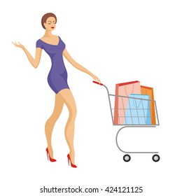 young beautiful woman rolls a cart with purchases