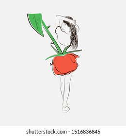 Young beautiful woman with rose flower on white background. Creative concept rose flower like a girl's skirt. Hand drawn illustration. Vector eps10