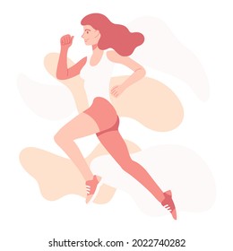 Young beautiful woman running. Athletic girl looking happy and smiling. Vector illustration of sport and healthly lifestyle in flat cartoon style.