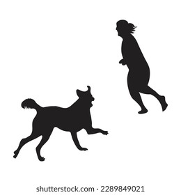 A young beautiful woman runs having fun with her dog. Vector silhouettes 