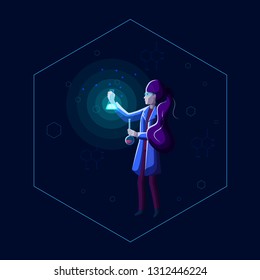 Young beautiful woman scientist holds beakers and performs chemical experiment with glowing solution of luminol in dark laboratory. Female chemist researcher. Modern style cartoon vector illustration.