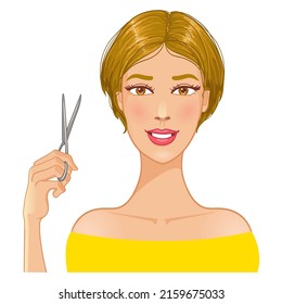 Young beautiful woman with scissors in hand, vector illustration isolated on white