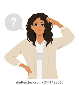 Joven mujer hermosa rascándose la cabeza. Chica desconcertada raspando pelo, sintiendo dudas o dudando. Ilustración vectorial plana aislada sobre fondo blanco