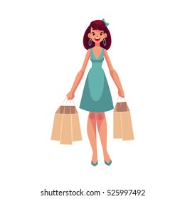 Young beautiful woman with shopping bags, cartoon vector illustration isolated on white background. Full length portrait of young pretty girl, woman doing shopping in the mall