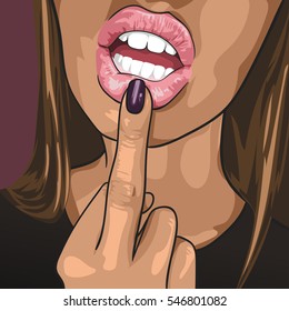 Young beautiful woman show middle finger fuck you off near his open mouth. Vector illustration