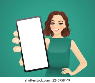 Young beautiful woman showing blank phone screen on green background vector illustration 