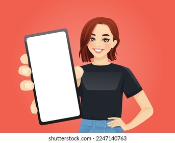 Young beautiful woman showing blank phone screen vector illustration 