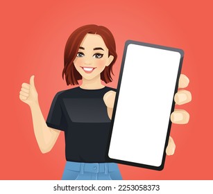 Young beautiful woman showing thumb up gesture and blank phone screen vector illustration 