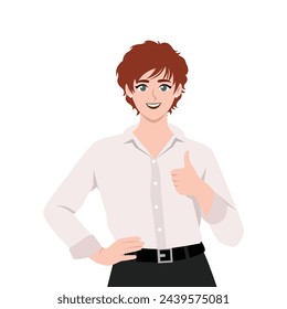 Young beautiful woman showing thumb up in approval and one hand on her hip. Flat Vector Illustration Isolated on White Background