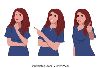 Young beautiful woman shows different emotions and gestures, isolated on a white background. A set of brunette women with long hair.