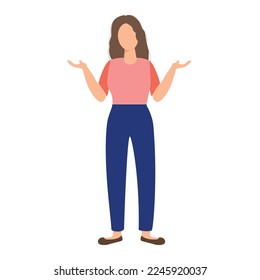 Young beautiful woman shrug. Say I do not know. Oops. Vector illustration.
