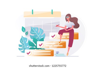 Young Beautiful Woman Silhouette With To Do List. Concept Girl With Visualization Business Planning Online, Event. Vector Illustration.