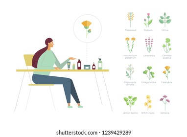 Young beautiful woman sits at the desk and advises natural cosmetics for body, hair and face care. Set of few types of plants for organic creams and oils. Illustrations in flat design 