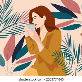 Una joven y hermosa mujer se sienta y toma café en un acogedor jardín entre plantas. Ilustración vectorial del concepto de confort y calidez. Adecuado para redes sociales cafés o invernaderos