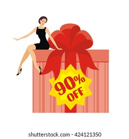 young beautiful woman sits on a huge gift box with a sticker 90% off