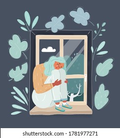 Young beautiful woman sitting alone at the window in gray cold weather crying after breakup with her boyfriend. Vector illustration for relationship crisis, couple separation and marriage breaking up.