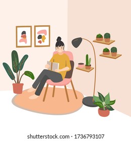 Young beautiful woman sitting in a chair  holding a book in her hand. Cute girl reading a book at home. Modern flat vector style