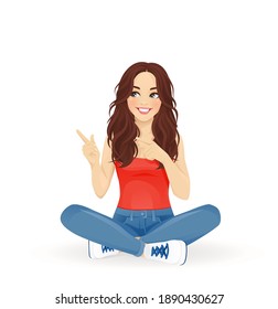 Young beautiful woman sitting with crossed legs and pointing away isolated vector illustration