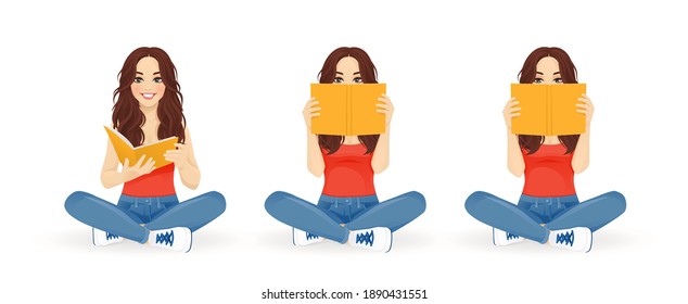 Young beautiful woman sitting with crossed legs and reading book set isolated vector illustration