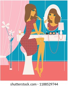 Young beautiful woman sitting and looking at the make up mirror. Vector illustration