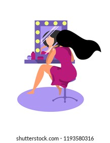 Young beautiful woman sitting and looking at the mirror. Vector illustration