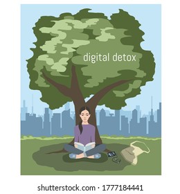 An young beautiful woman is sitting in a lotus position under a tree in a city park and reading a book. Digital detox concept. Vector illustration.