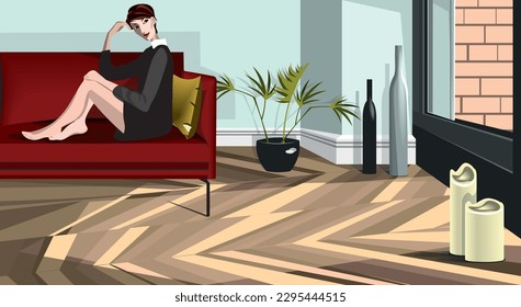 young beautiful woman sitting on the red sofa in a modern interior of the cozy living room.
