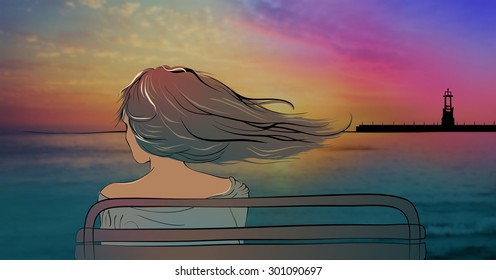 Young beautiful woman sitting on the bench in front of sea or ocean looking at the sunset with hair fluttering on the wind