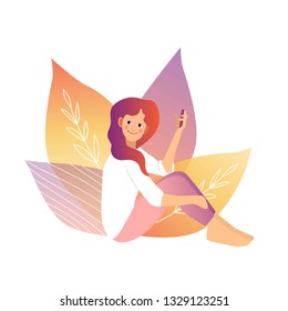 Young beautiful woman sitting with smartphone using female health App. Pink, lilac pastel colors. Vector illustration, flat style