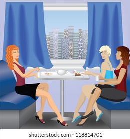 young beautiful woman sitting and talking in cafe