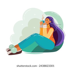 A young beautiful woman is sitting in a warm comfortable sweater holding a cup with a fragrant coffee drink in her hands. Illustration in a flat cartoon style.