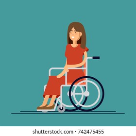 Young beautiful woman sitting in wheelchair, cartoon vector flat illustration. Happy woman sitting in wheelchair, living with disability, equal opportunities concept