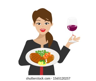 Young beautiful woman with smiling face holding her cooking, grilled pork/beef steak and glass of red wine. Isolated on white background. Vector Illustration. Idea for cooking/dining at home.