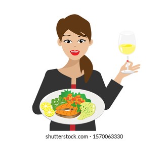 Young beautiful woman with smiling face holding her cooking, grilled salmon fish steak and glass of white wine. Isolated on white background. Vector Illustration. Idea for cooking/dining at home.