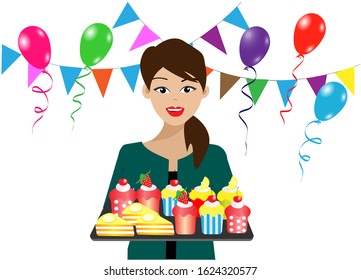 Young beautiful woman with smiling face holding cakes and cupcakes with colorful balloons and flags in party. Isolated on white background..Idea for holidays, new year celebrations and friends party.