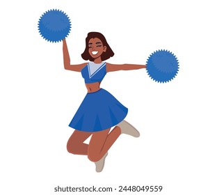 Young beautiful woman smiling happily wearing cheerleader uniform. Jumping with smile on face wearing pompom on isolated white background. vector illustration.eps