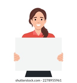 Young beautiful woman smiling and holding a blank  empty sheet of white paper or board. Woman showing a empty poster. Human emotion  body language concept. Flat vector 