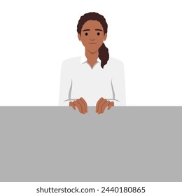 Young beautiful woman smiling and holding a empty sheet of white paper or board. Flat vector illustration isolated on white background