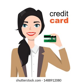 Young beautiful woman smiling, showing, presenting credit card for making paymen.