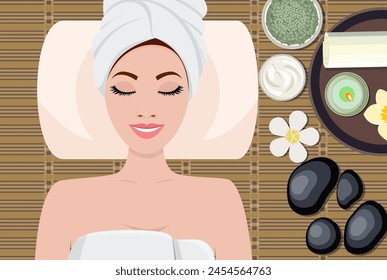 young beautiful woman in spa. Woman getting spa treatment. Girl resting, relaxing. Clean skin, healthy fresh face massage. SPA beauty and health concept. Vector illustration in flat style